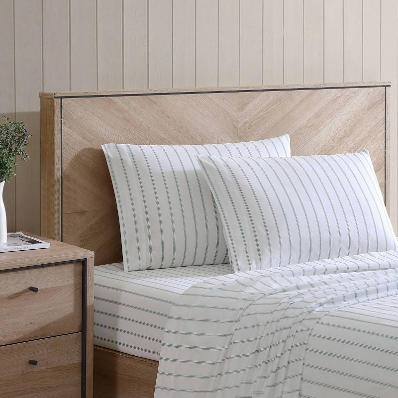 Twin Printed Pattern Percale Cotton Sheet Set Green Stripe - Stone Cottage
