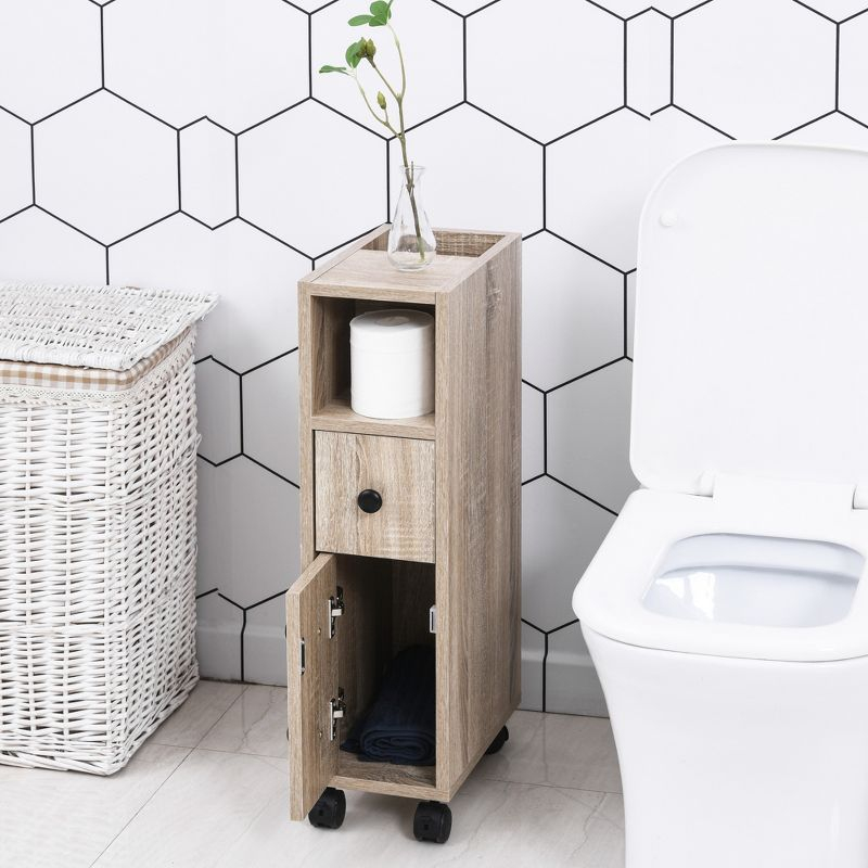 kleankin Freestanding Compact Design Bathroom Cabinet with 2 Open Cabinets, 1 Door Cabinet, 1 Drawer and 4 Rolling Wheels, Oak Grain Color