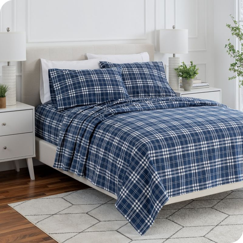 Stirling Plaid - Blue/White Cotton Flannel Twin Sheet Set by Bare Home