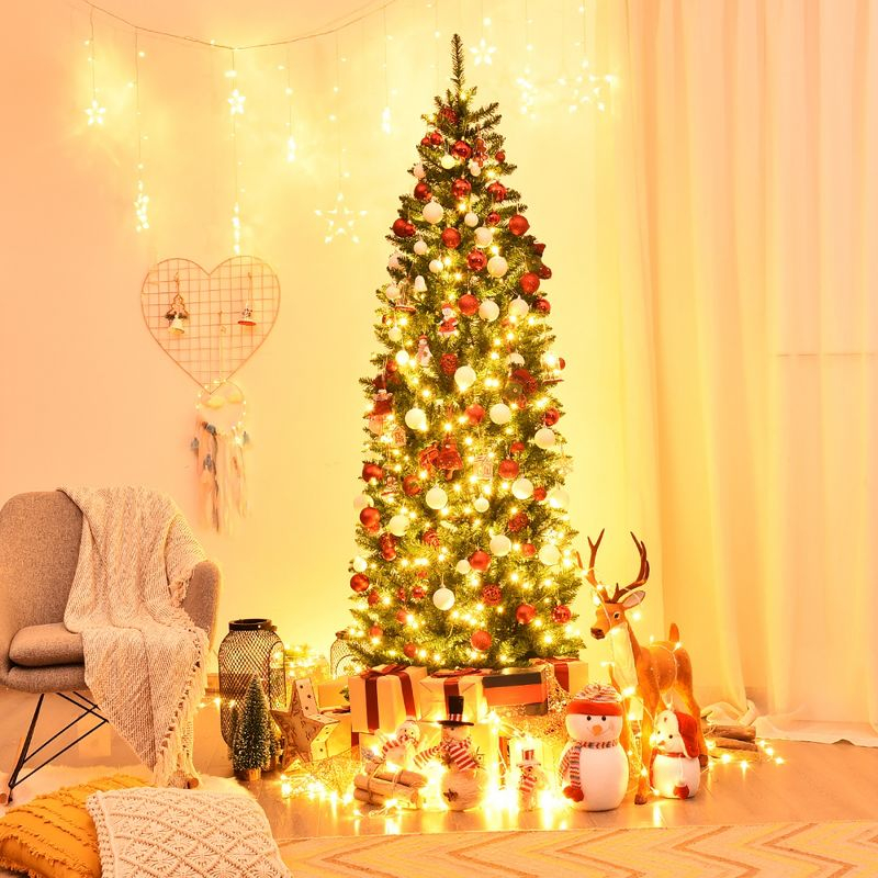 Costway 7Ft Pre-lit Artificial Pencil Christmas Tree Hinged Fir PVC Tree with 350 LED Lights