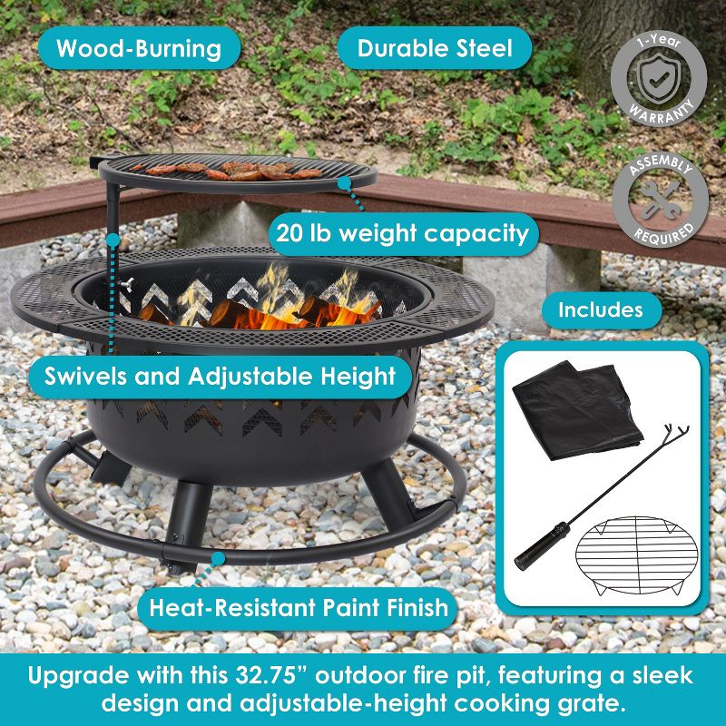 Sunnydaze Arrow Motif Heavy-Duty Steel Fire Pit with Cooking Grate, and PVC Cover - 32-Inch Round - Black