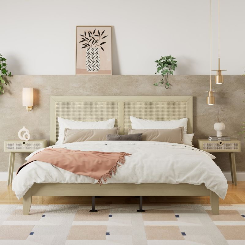 Christopher Knight Home Eudoca Rubber Wood Platform Bed with Rattan Woven Headboard, Natural, King