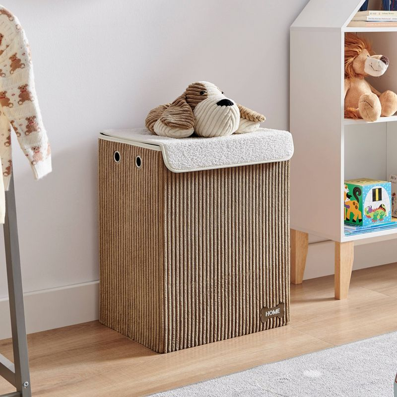 Danya B. Collapsible Folding Corduroy Kids' Laundry Hamper Toy Storage Brown with Dog Lid