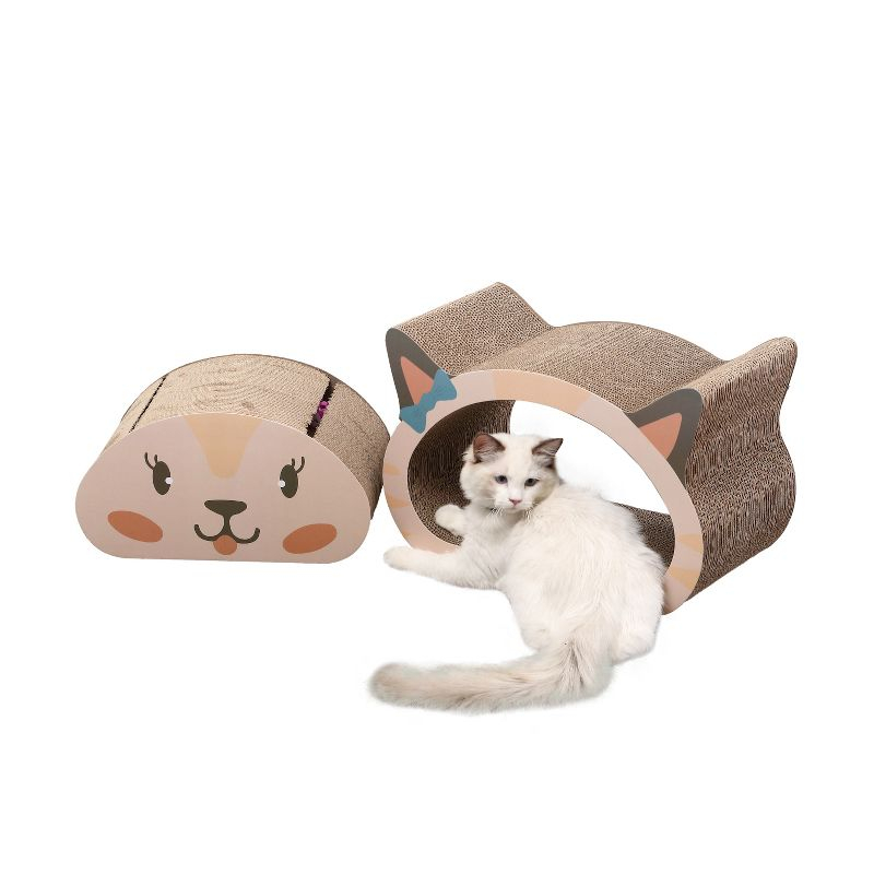 THE LICKER STORE Opal 19" Modern Cardboard Happy Cat Head 2-in-1 Cat Cave Scratcher with Built-In Bell Toys and Catnip, Cream/Peach