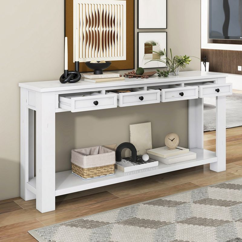 63" Wood Console Table, Foyer Sofa Table with 4 Drawers and Bottom Shelf, Narrow Entertainment Center Entryway Table for Hallway Living Room White
