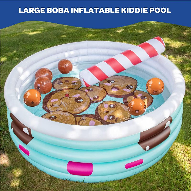 Inflatable 67 x 26 Large Kiddie Pool- Kawaii Inspired Kid's Pool w Mini Boba Beach Balls & Pool Noodle Straw - Family Sized For Summer Fun!