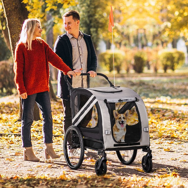 Aosom Dog Bike Trailer 2-in-1 Pet Stroller Cart Bicycle Wagon Cargo Carrier Attachment for Travel with 4 Wheels Reflectors Flag gray