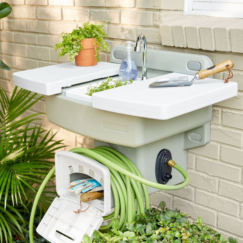BrylaneHome Outdoor Garden Sink With Hose Holder - White