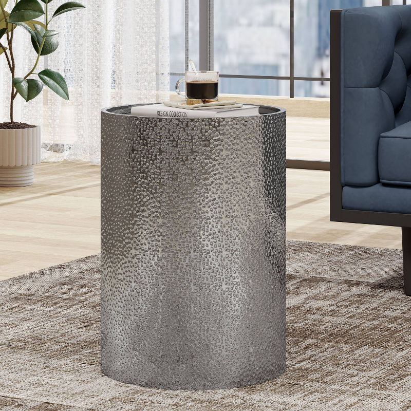 Braeburn Modern Round Accent Table Silver - Christopher Knight Home: Hammered Iron, Cylindrical, No Assembly Required