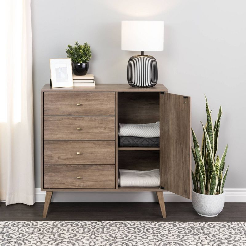 Prepac Milo Mid-Century Modern 4 Drawers Chest with Door Drifted Gray: Laminated Storage, Metal Glides, Adjustable Shelf