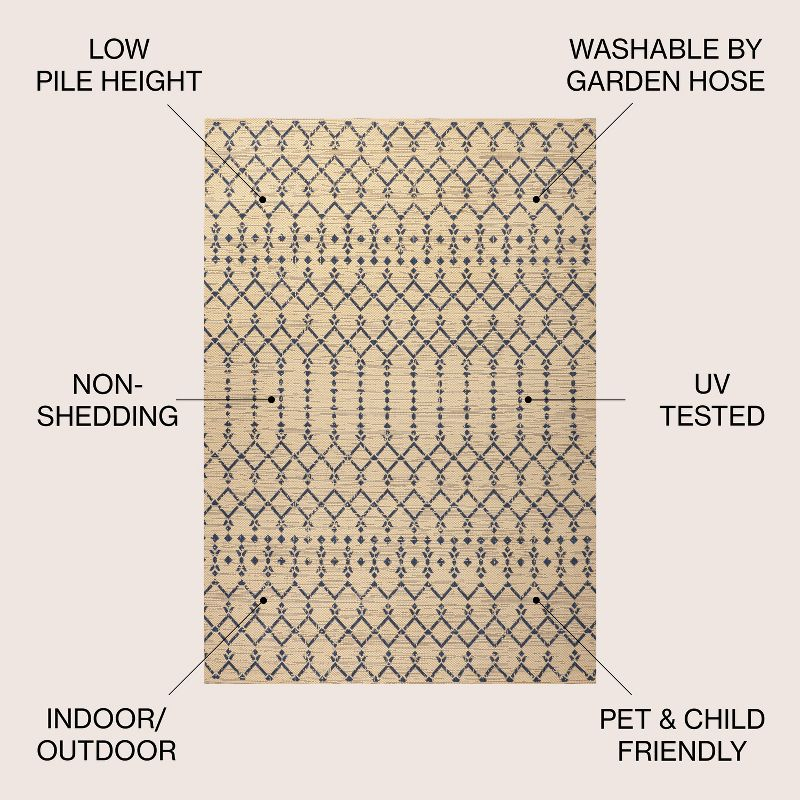 5' Round Ourika Moroccan Geometric Textured Weave Indoor/Outdoor Area Rug, Beige/Navy - JONATHAN Y