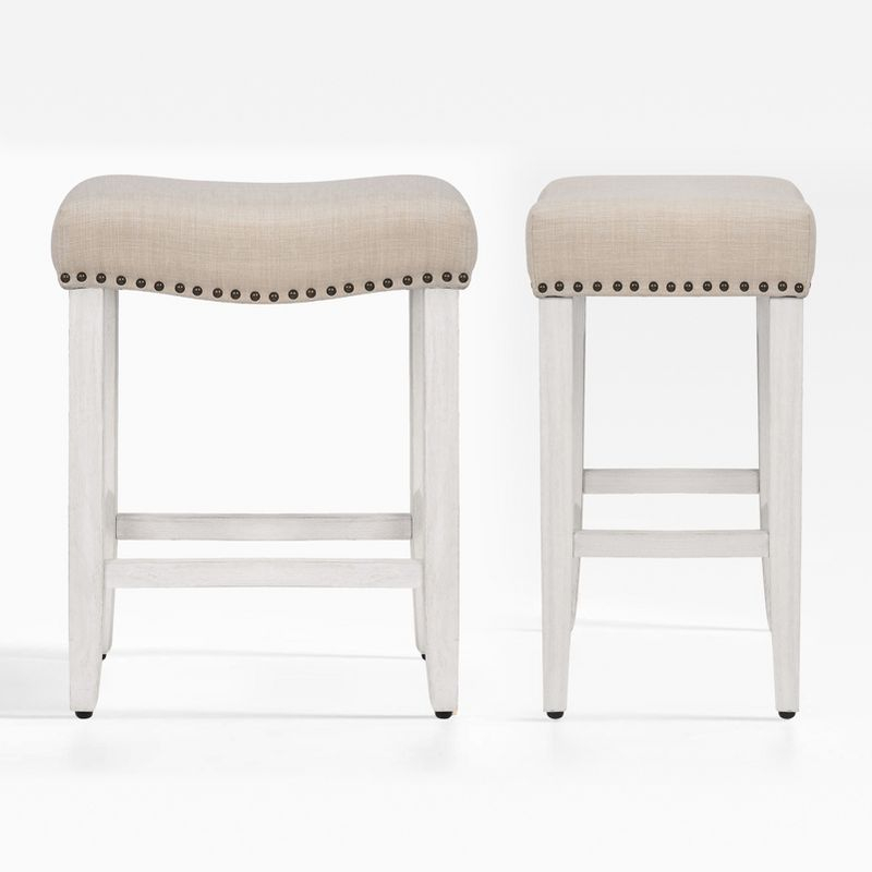 WestinTrends 24" Upholstered Saddle Seat Counter Stool (Set of 2), Antique White/Beige