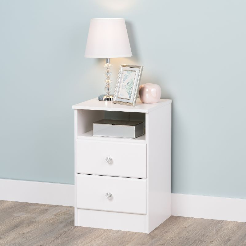 Astrid 2 Drawer Nightstand with Crystal Knobs White - Prepac: Modern Style, Open Shelf Storage