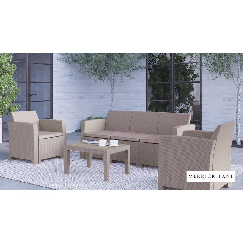 Merrick Lane 4 Piece Dark Gray Faux Rattan Patio Furniture Set with 2 Chairs and Sofa with Removable Light Gray Cushions and Table