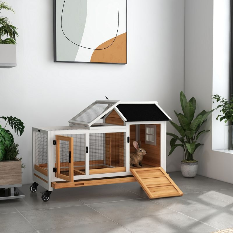 PawHut Indoor Outdoor Wooden Rabbit Hutch with Wheels, Large Bunny Cage with Run, Slide-out Tray for Small Animals, Guinea Pig, Yellow