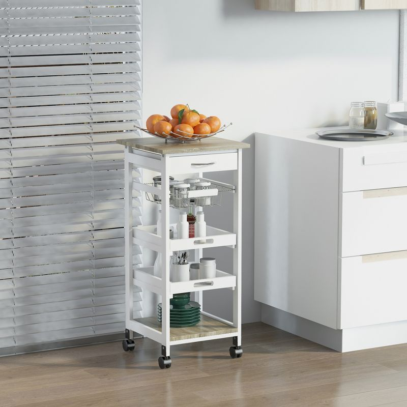 HOMCOM Mobile Rolling Kitchen Island Trolley Serving Cart with Underneath Drawer & Slide-Out Wire Storage Basket, White