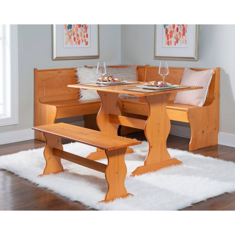 Linon 3pc Chelsea Pine Breakfast Corner Nook Dining Set Natural: Wood Frame, Trestle Base, Seats 6