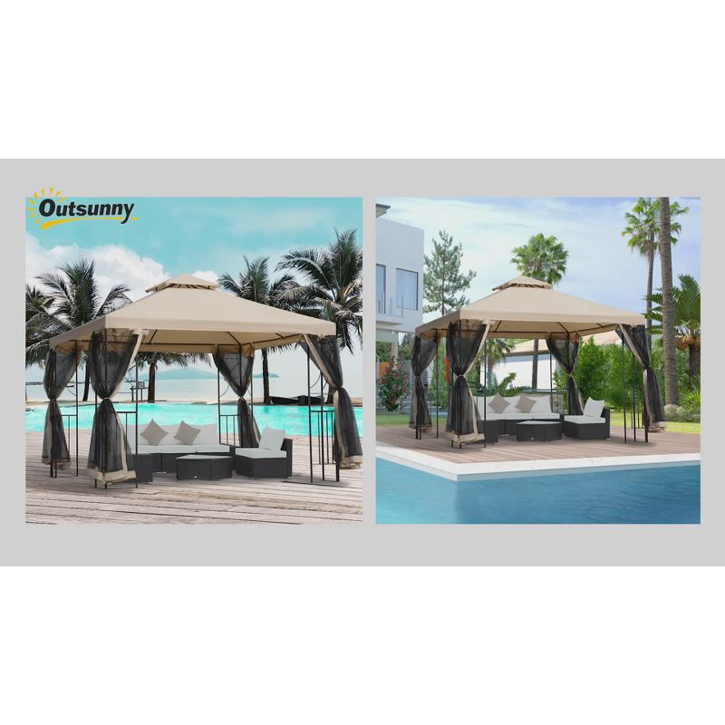 Outsunny 10' x 10' Steel Outdoor Patio Gazebo Canopy with Privacy Mesh Curtains, Weather-Resistant Roof, & Storage Trays