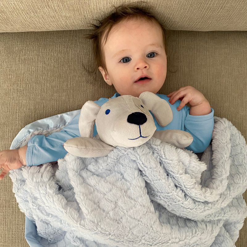 EVERYDAY KIDS Large Lovey Baby Security Blanket Sweet Dog Stuffed Animal on 30”  Blue Snuggle Baby Blanket; Fluffy Fleece with Attached Plush Toy