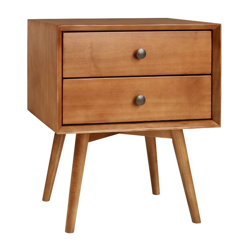 Greenberg 2 Drawer Mid-Century Modern Solid Wood Nightstand Caramel - Saracina Home: Pine, Beveled Edges, Antique-Finish Knobs