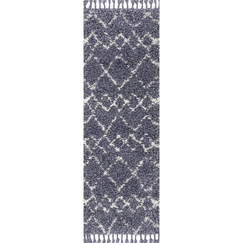 2'x8' Mercer Shag Plush Tassel Moroccan Geometric Trellis Area Rug, Denim/Cream - JONATHAN Y