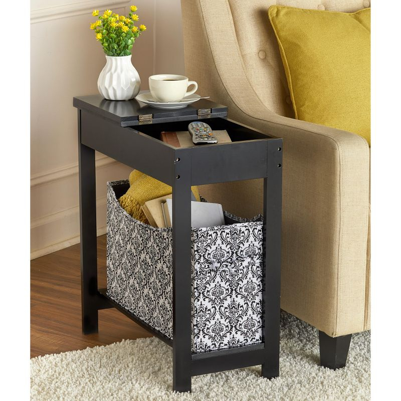 The Lakeside Collection Side Table with Fashion Print Storage Bin - Black with Black Fabric Basket