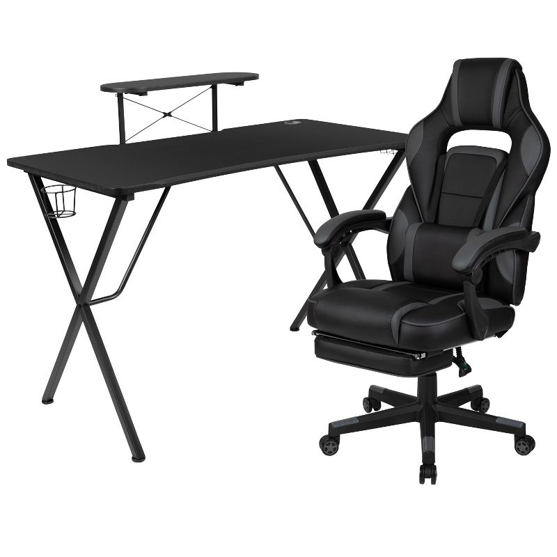 Flash Furniture Black Gaming Desk with Cup Holder/Headphone Hook/Monitor Stand & Black Reclining Back/Arms Gaming Chair with Footrest