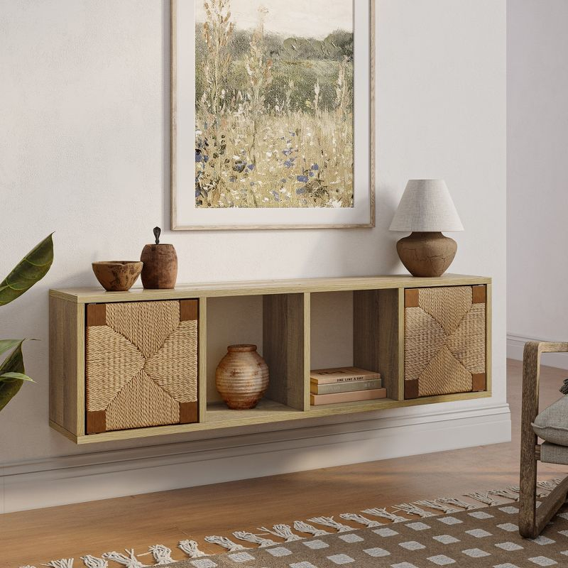 LuxenHome 42'' Mid Century Modern Floating TV Cabinet for Living Room, Wall Mounted Rope Storage Wall Cabinet with 2 Door and Open Shelves Brown