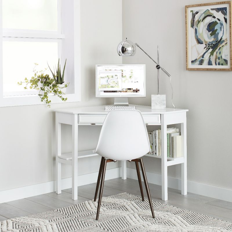 Southern Enterprises Corner Desk - White - Aiden Lane: Wood Composite, Cable Management, 40lb Capacity