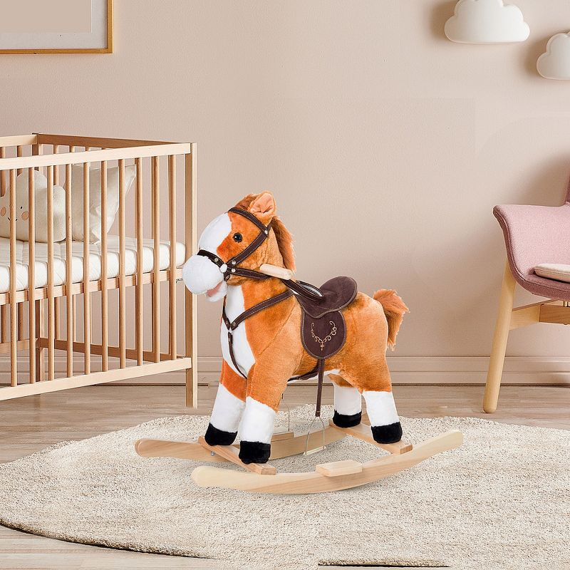 Qaba Kids Plush Toy Rocking Horse Ride on with Realistic Sounds -  Brown