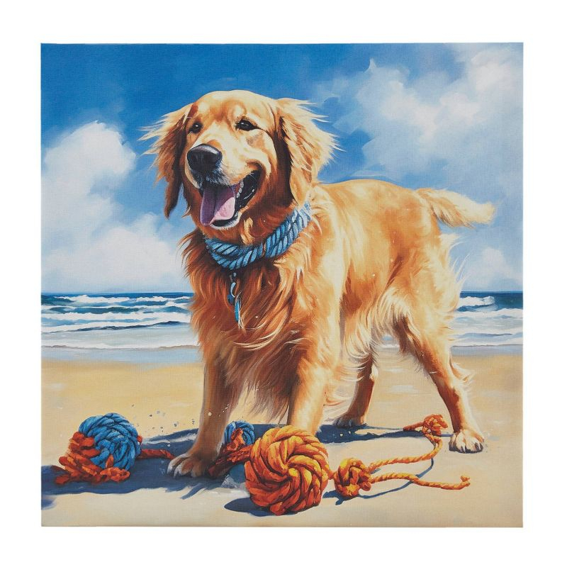 Madison Park 16"x16" Beach Playful Lively Dogs Print Canvas Wall Decor Art Golden Retriever Blue: Farmhouse Style