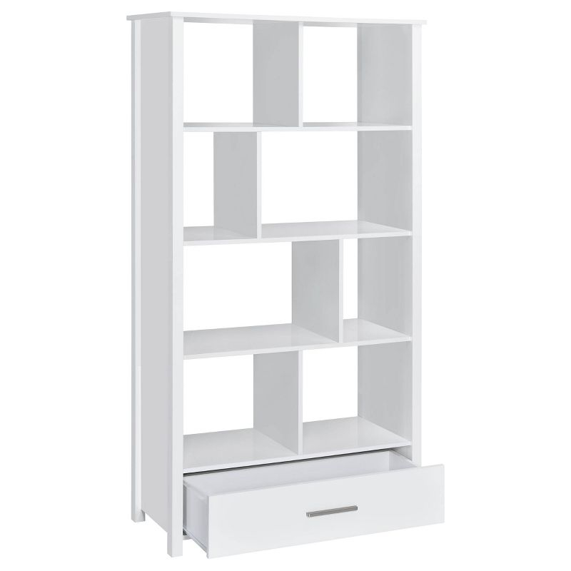 Coaster 68" Dylan 8 Shelf Bookcase with Storage Drawer White High Gloss : Laminated, Modern Design, Zinc Alloy Hardware
