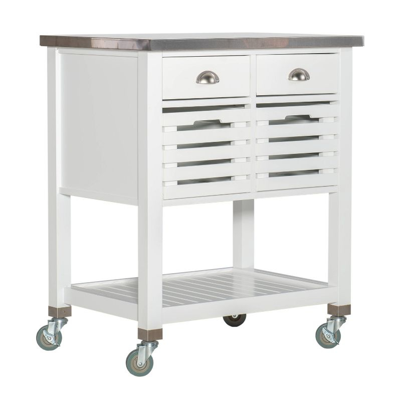 Robbin White Wood Kitchen Cart: Stainless Steel Top, Storage on Wheels - Linon