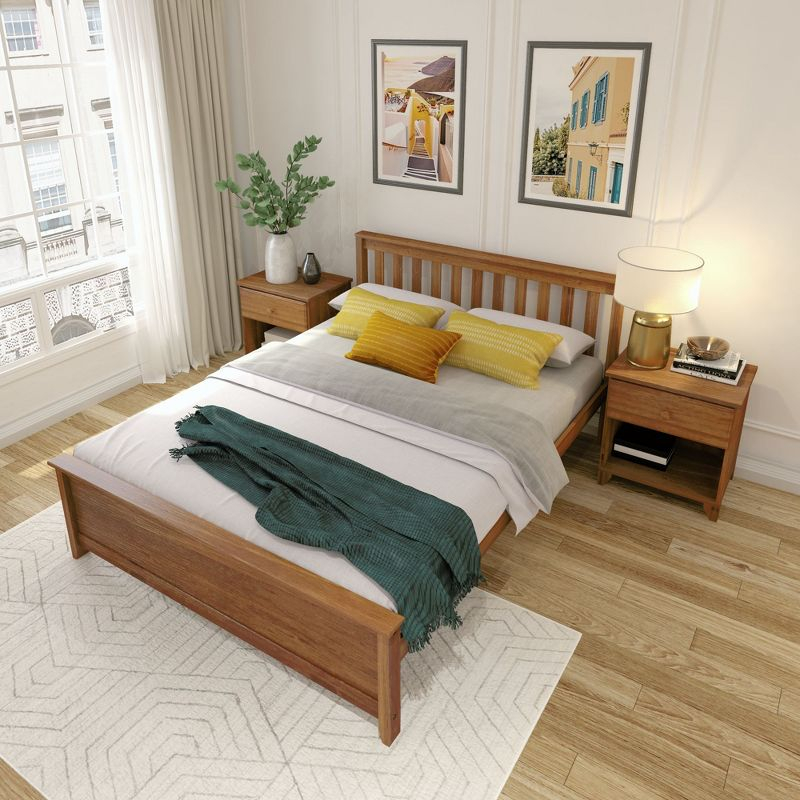 Plank+Beam Queen Bed Frame with Slatted Headboard Solid Wood Platform Bed, No box Spring Needed, Pecan