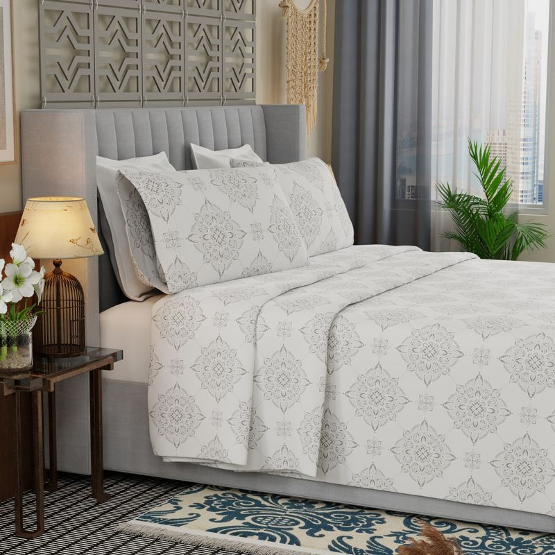 Color Sense Percale Weave Cool & Crisp Cotton Rich Sheet Set, Twin Extra Long, Damask Grey, 4 piece
