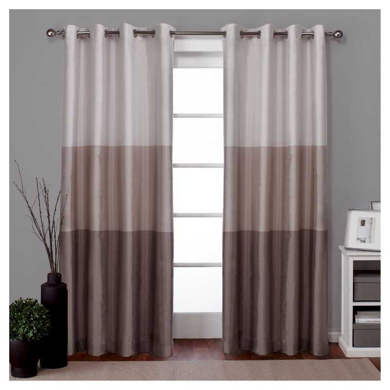 Set of 2 96"x54" Chateau Striped Faux Silk Grommet Top Window Curtain Panel Taupe: Room Darkening Drapes, Exclusive Home