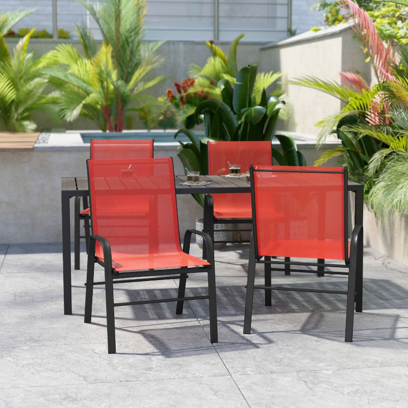 Flash Furniture 4 Pack Brazos Series Black Outdoor Stack Chair with Flex Comfort Material and Metal Frame