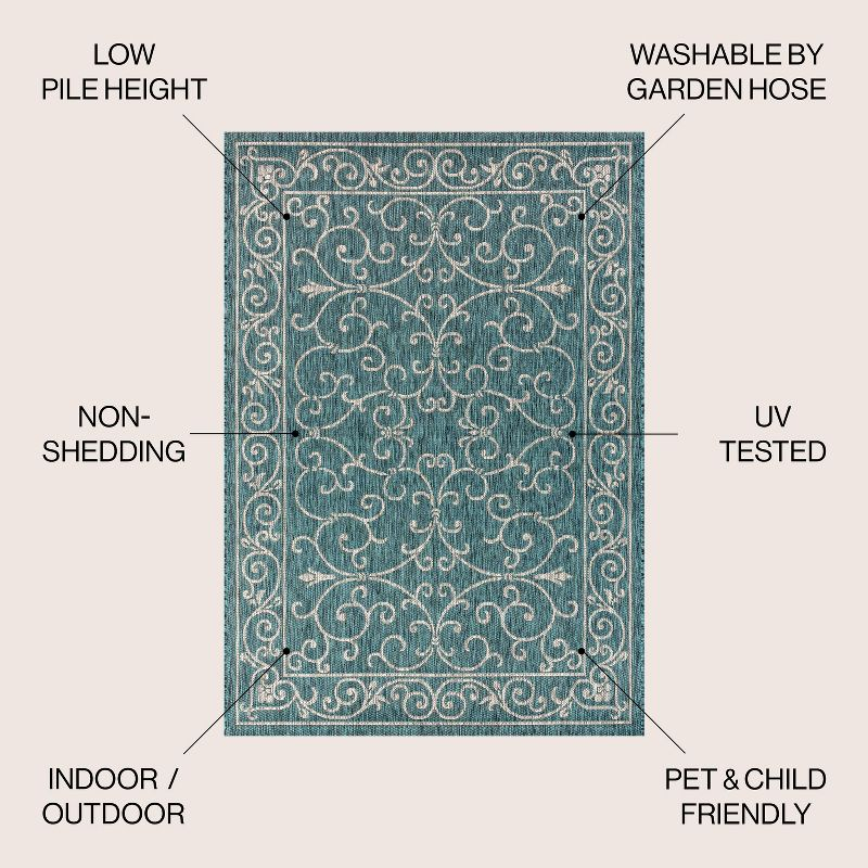 5' Square Charleston Vintage Filigree Textured Weave Indoor/Outdoor Area Rug, Teal/Gray - JONATHAN Y