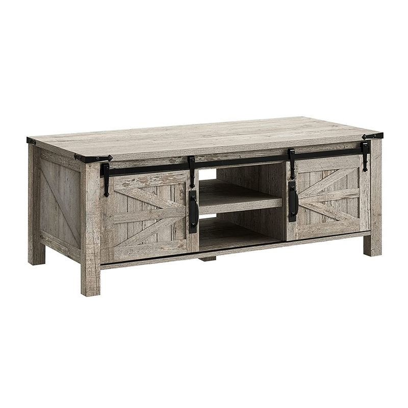 OKD Farmhouse Sturdy Coffee Table with Sliding Barn Doors and Storage Shelves for Living Room, Den, Family Room, or Office, Light Rustic Oak Finish