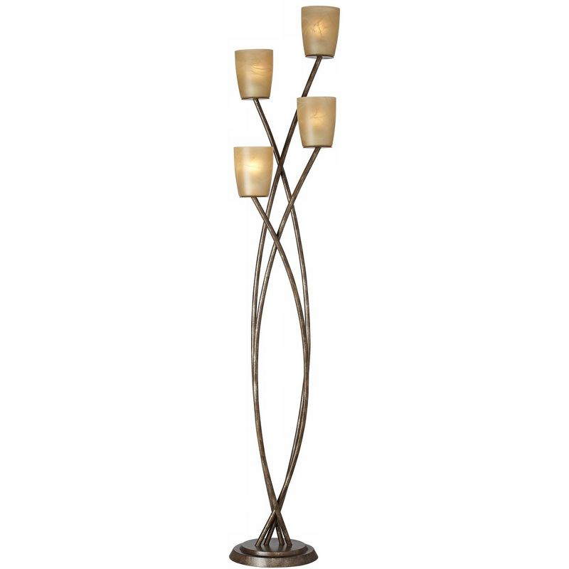 Kathy Ireland Metro Plaza Modern Glam 69" Tall Standing Floor Lamp Tree 4-Light Foot Switch Brown Metal Copper Bronze Finish Living Room Bedroom House