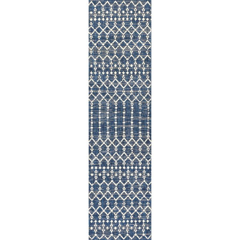 2' x 10' Ourika Moroccan Geometric Textured Weave Indoor/Outdoor Runner Rug, Navy/Beige - JONATHAN Y