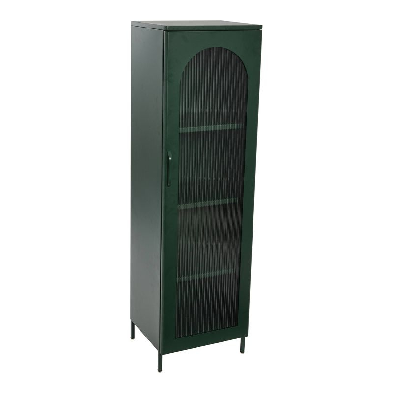 Storied Home Tall Metal Accent Cabinet: Arched Glass, 4 Shelves, Dark Green, 57" H