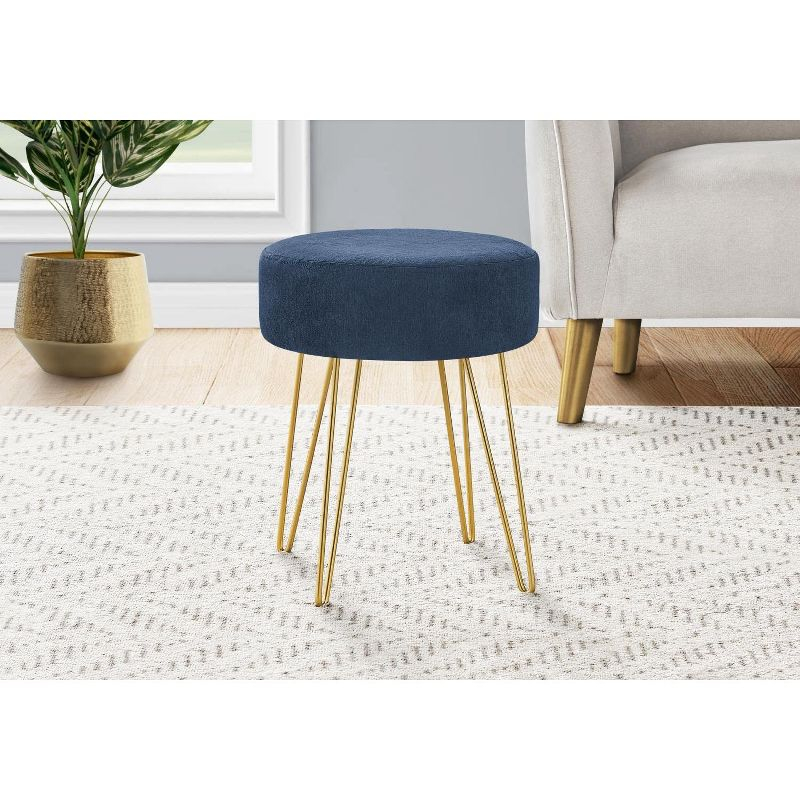 Monarch Specialties Ottoman Pouf Footrest Foot Stool 14Inch Round Fabric Metal Legs Blue Gold Contemporary Modern