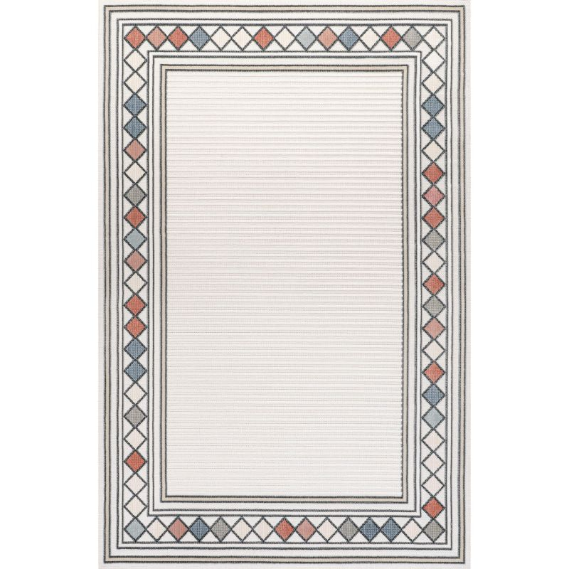JONATHAN Y Sebastian High-Low Modern Diamond Border Ivory/Beige 3 ft. x 5 ft. Indoor/Outdoor Area Rug