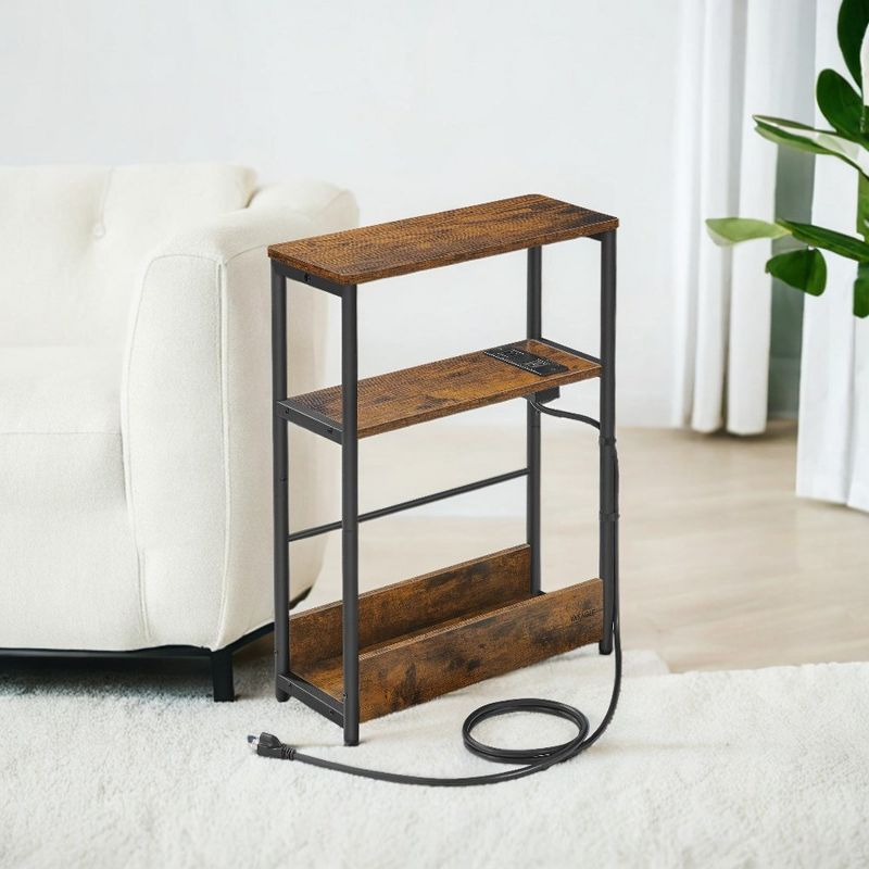 VASAGLE Side Table with Charging Station, Narrow End Table, 3-Tier Nightstand, Sofa Table for Small Spaces, Magazine Rack Rustic Brown and Ink Black