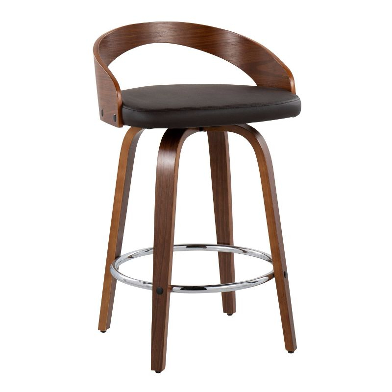 Set of 2 Grotto Upholstered Counter Height Barstools Brown/Walnut - Lumisource: Chrome Footrest, Wood Legs, Swivel Seat