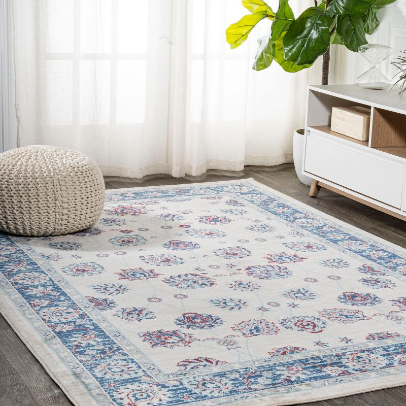 4' X 6' Modern Persian Vintage Moroccan Traditional Area Rug, Blue/Ivory/Red - JONATHAN Y