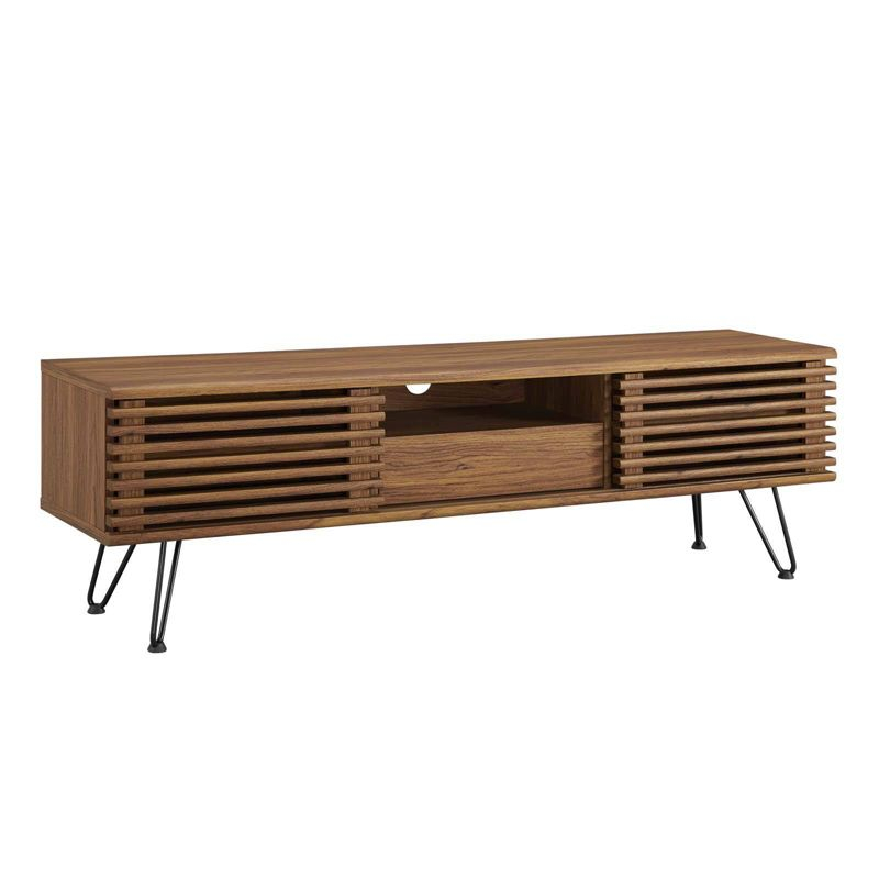 59" Render TV Stand for TVs up to 70" Walnut - Modway: Modern Media Console with Open Shelves & Metal Hardware