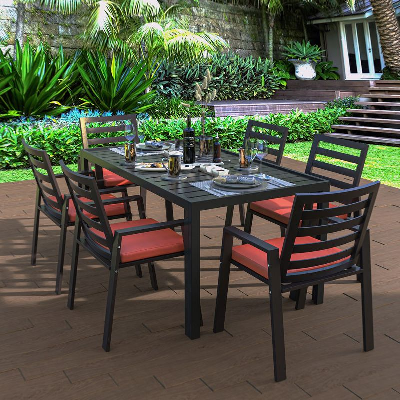LeisureMod Chelsea Modern Patio Dining Armchair in Aluminum with Removable Cushions Set of 2 in Cherry Red