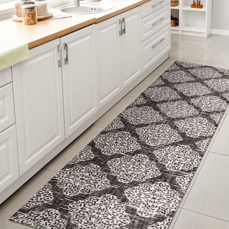 2'x8' Tuscany Ornate Medallions Indoor/Outdoor Runner Rug, Black/Ivory - JONATHAN Y